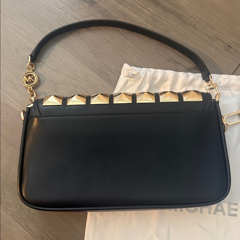 Michael Kors Black Bradshaw Handbag with Gold Pyramid Studs - Picture 3 of 6